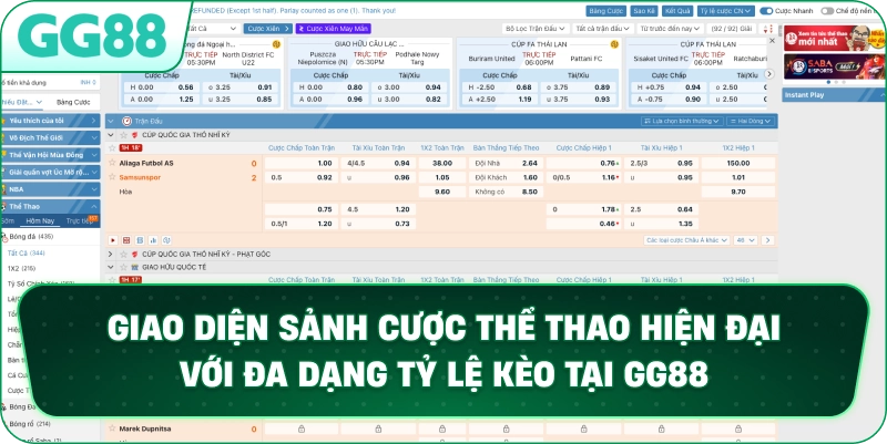 Giao diện sảnh cá cược thể thao hiện đại với đa dạng tỷ lệ kèo tại GG88